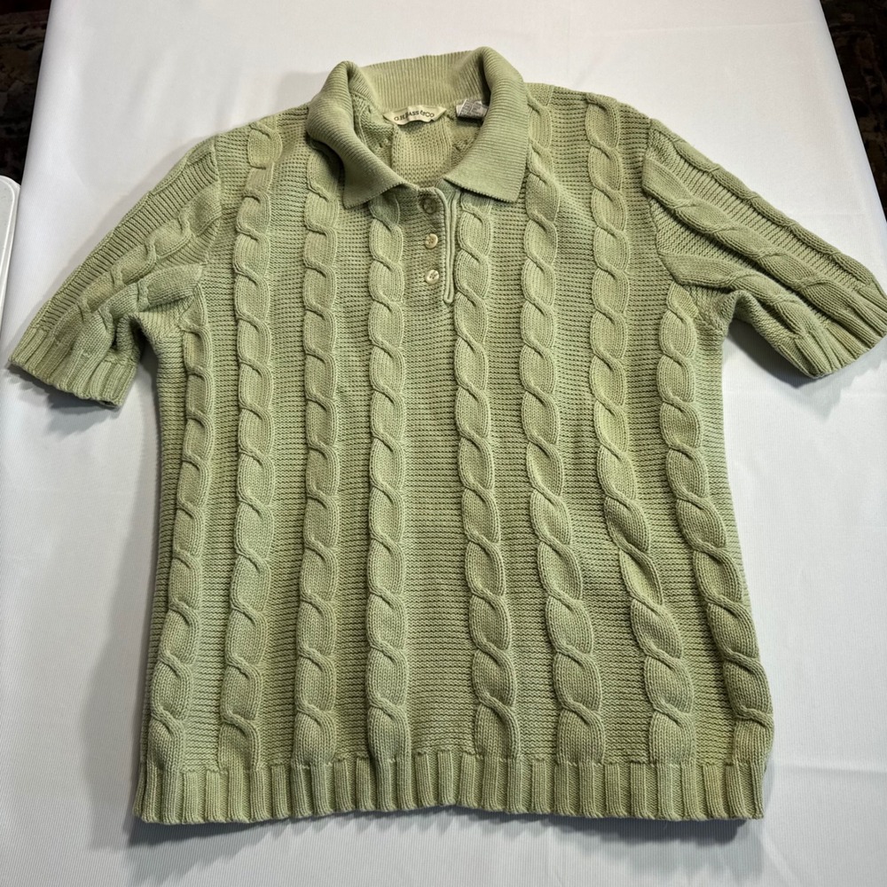 Cottagecore Vtg Coastal Granny Large Sage Cable Knit Sweater Floral Striped Vest - Picture 5 of 10